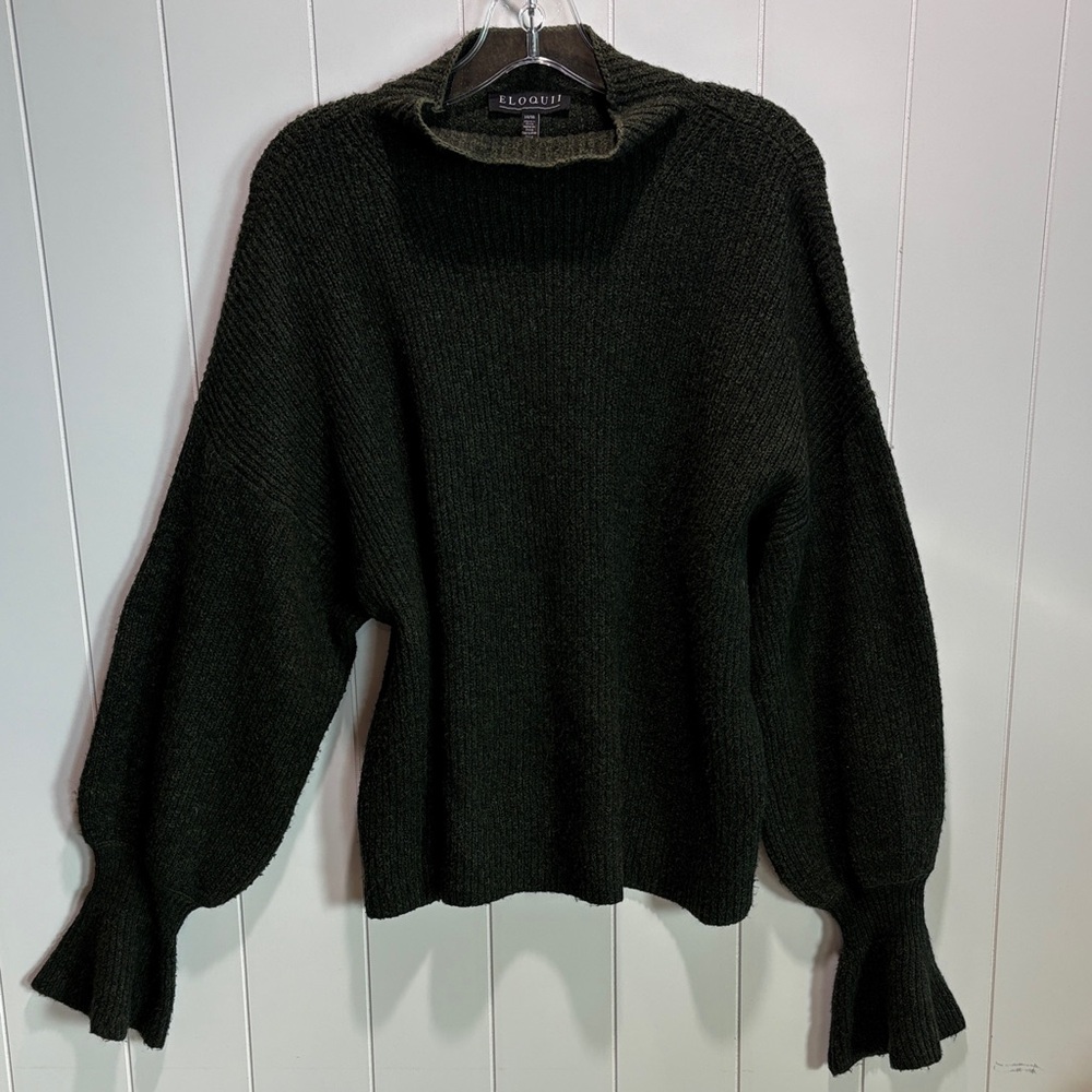 Eloquii sweater mock turtleneck balloon sleeve boxy heathered forest green 14/16